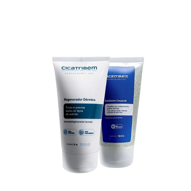 Cicatribem Double Kit with Stretch Mark Cream and Body Scrub front view – Buy now at MKPBR.COM – Worldwide Shipping
