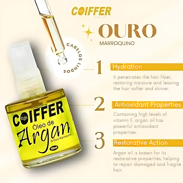 Coiffer Pure Moroccan Gold Hair Oil, 1.01 fl oz, rich in Vitamin E for restoration and strengthening – Buy now at MKPBR.COM – Worldwide Shipping.
