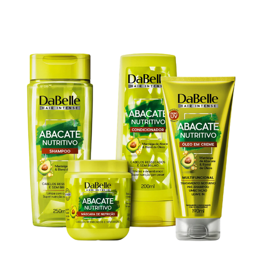 DaBelle Abacate Nutritivo Hydration + Nutrition Hair Care Kit (4 Products) for Dry Hair, Shine & Softness front view bundle with shampoo conditioner oil-in-cream and mask – Buy now at MKPBR.COM – Worldwide Shipping