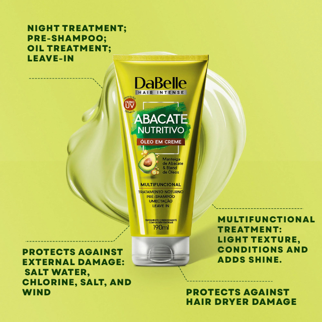 DaBelle Abacate Nutritivo Oil-in-Cream Leave-In with UV Filter, Shine & Overnight Hair Care – 6.39 oz (190 g) multifunctional use for leave-in pre-shampoo umectation and overnight care – Buy now at MKPBR.COM – Worldwide Shipping