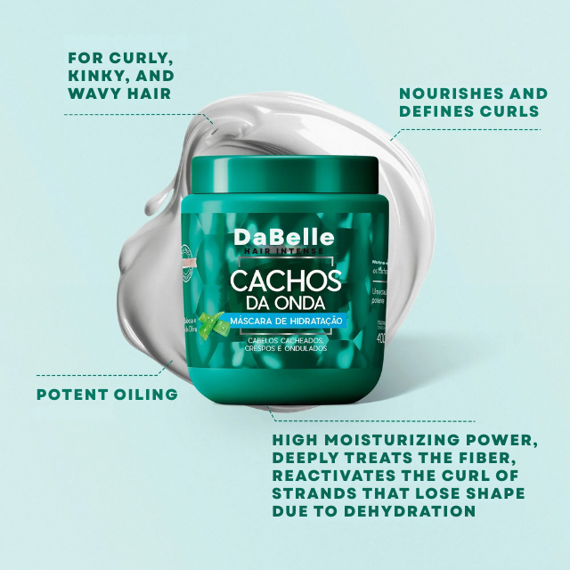 DaBelle Cachos da Onda Hair Mask for Deep Hydration, Lipid Nourishment & Curl Definition – 28.22 oz (800 g) or 14.11 oz (400 g) label close-up highlighting curl definition benefits – Buy now at MKPBR.COM – Worldwide Shipping