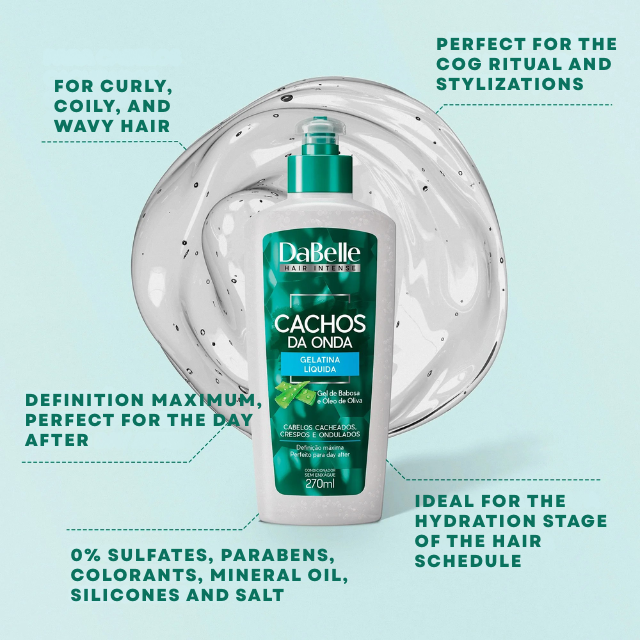 DaBelle Cachos da Onda Modeling Gelatina for Maximum Curl Definition & Day After Styling – 9.52 oz (270 ml) texture shot showing the jelly-like consistency – Buy now at MKPBR.COM – Worldwide Shipping