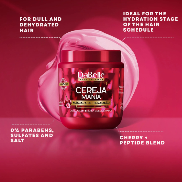 DaBelle Cereja Mania Hydration Hair Mask for Deep Moisture, Peptide Shield & Shine – 28.22 oz (800 g) or 14.11 oz (400 g) label close-up highlighting hydration and shine – Buy now at MKPBR.COM – Worldwide Shipping