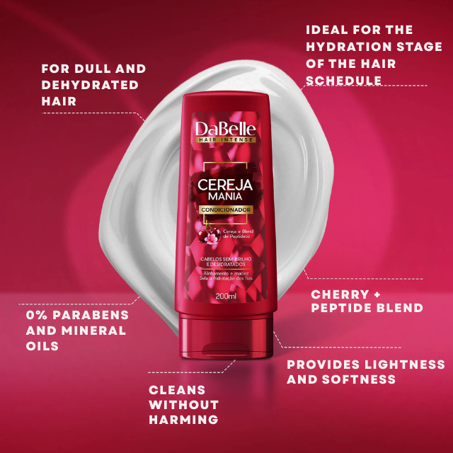 DaBelle Cereja Mania Hydration + Shine Shampoo & Conditioner Kit for Soft Hair and Gloss – 14.37 fl oz (425 ml) cherry extract highlight for hydration and shine – Buy now at MKPBR.COM – Worldwide Shipping
