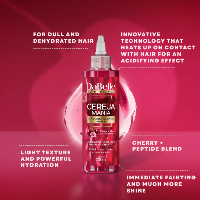 DaBelle Cereja Mania Lamellar Liquid Hair Mask for Instant Alignment, Mirror Shine & Peptide Shield – 6.76 fl oz (200 ml) representing Brazilian beauty innovation – Buy now at MKPBR.COM – Worldwide Shipping