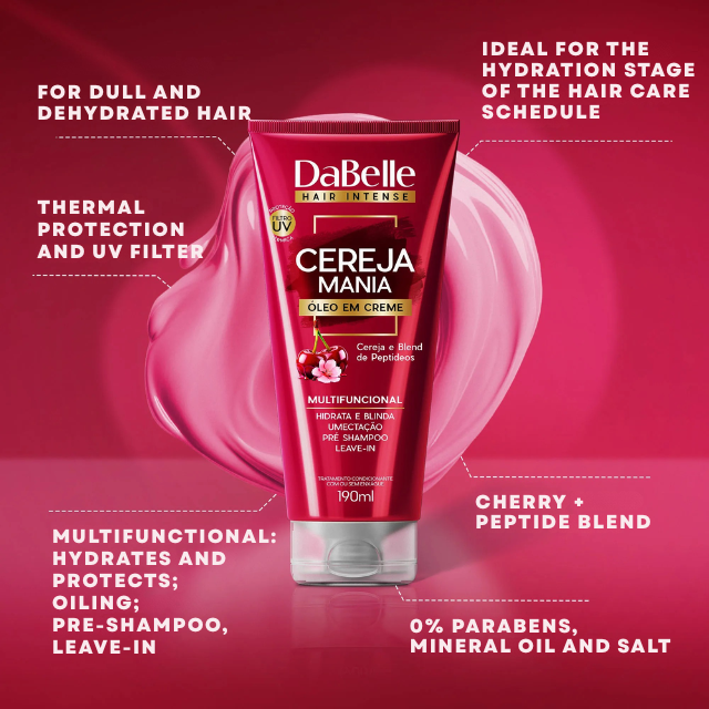 DaBelle Cereja Mania Oil-in-Cream Leave-In with Thermal Protection, UV Filter & Peptide Shield – 6.42 oz (190 ml) label details showing cherry and peptide benefits – Buy now at MKPBR.COM – Worldwide Shipping