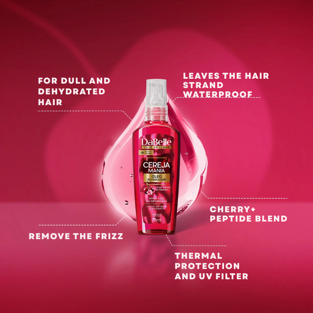 DaBelle Cereja Mania Repair Oil for Frizz Control, Thermal Protection & UV Filter – 2.54 fl oz (75 ml) label details highlighting anti-frizz and shine benefits – Buy now at MKPBR.COM – Worldwide Shipping