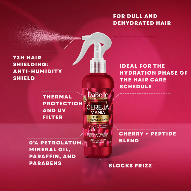  DaBelle Cereja Mania Total Shield Fluid for Anti-Frizz, Humidity Block & Heat Protection – 6.08 fl oz (180 ml) label details highlighting humidity block and shine – Buy now at MKPBR.COM – Worldwide Shipping