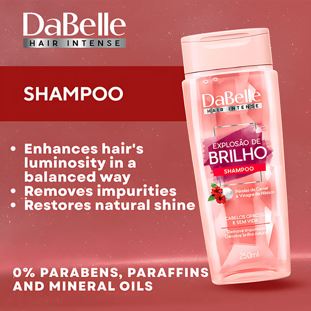 DaBelle Explosão de Brilho Shampoo + Conditioner Kit for Dull Hair, Cuticle Sealing & Mirror Shine – 14.37 fl oz (425 ml) shampoo bottle 8.45 fl oz (250 ml) packshot – Buy now at MKPBR.COM – Worldwide Shipping