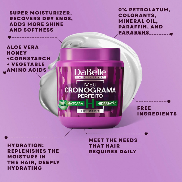 DaBelle Meu Cronograma Perfeito 3-Mask Kit for Hydration, Nutrition & Reconstruction – 42.33 oz (1200 g) packaging representing the Brazilian beauty secret of hair schedules – Buy now at MKPBR.COM – Worldwide Shipping