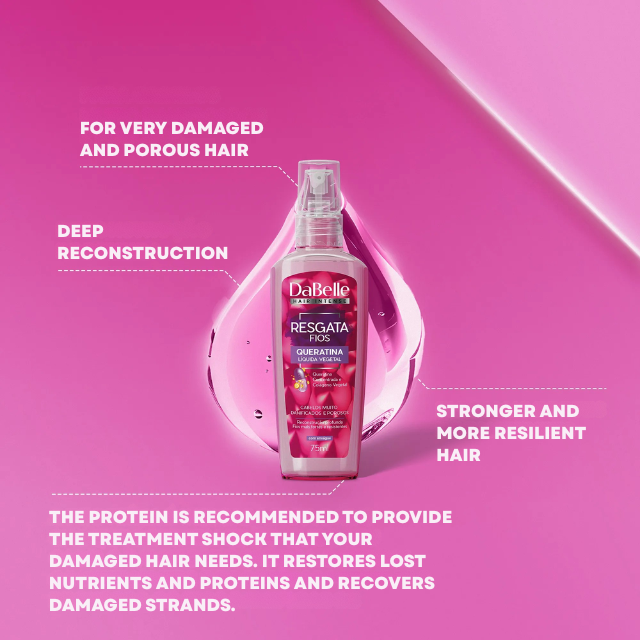 DaBelle Resgata Fios Liquid Keratin for Deep Reconstruction, Porosity Repair & Shine – 2.54 fl oz (75 ml) plant-based keratin and collagen highlight – Buy now at MKPBR.COM – Worldwide Shipping