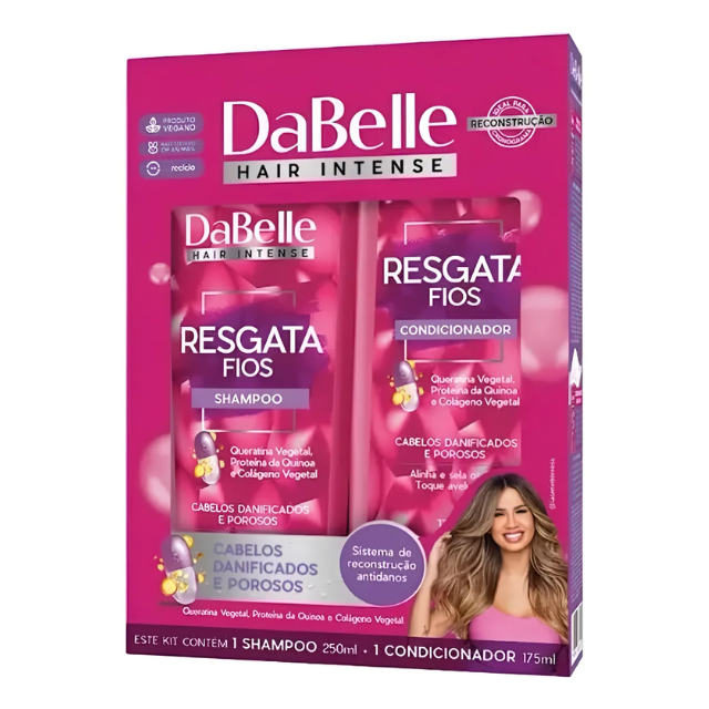 DaBelle Resgata Fios Shampoo & Conditioner Kit for Damaged Hair Repair, Reconstruction & Shine – 14.37 fl oz (425 ml) front view of duo bottles – Buy now at MKPBR.COM – Worldwide Shipping