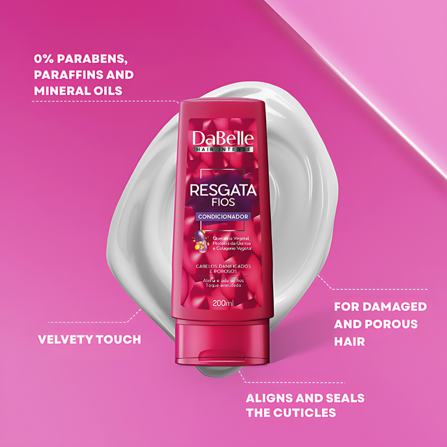 DaBelle Resgata Fios Shampoo & Conditioner Kit for Damaged Hair Repair, Reconstruction & Shine – 14.37 fl oz (425 ml) conditioner bottle 5.92 fl oz (175 ml) packshot – Buy now at MKPBR.COM – Worldwide Shipping