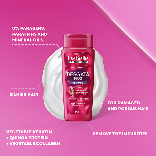 DaBelle Resgata Fios Shampoo & Conditioner Kit for Damaged Hair Repair, Reconstruction & Shine – 14.37 fl oz (425 ml) shampoo bottle 8.45 fl oz (250 ml) packshot – Buy now at MKPBR.COM – Worldwide Shipping