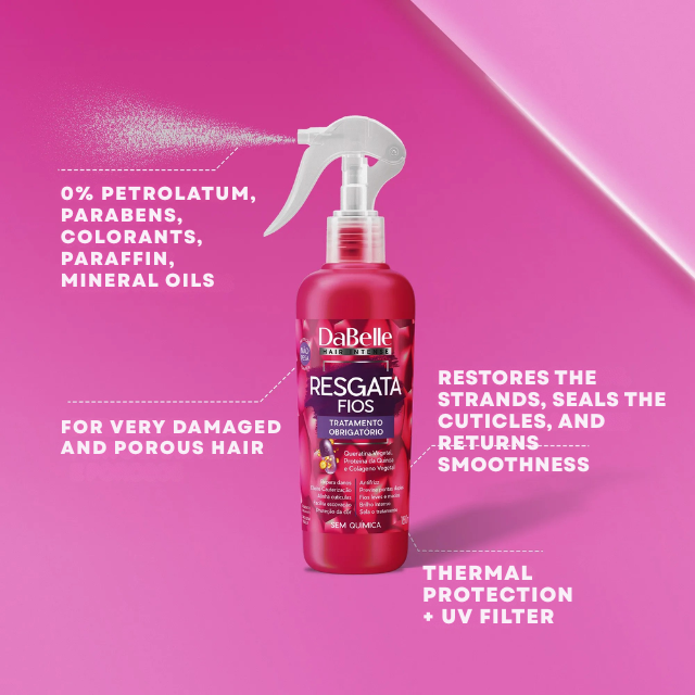 DaBelle Resgata Fios Mandatory Treatment Spray for Extreme Damage Repair, Thermo-Activated Sealing & Anti-Frizz – 6.08 fl oz (180 ml) leave-in heat protection for blow-dry and flat iron – Buy now at MKPBR.COM – Worldwide Shipping