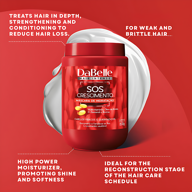 DaBelle SOS Crescimento Hair Mask for Weak & Brittle Hair, Strengthening + Healthy Growth Support – 400 g or 800 g label close-up highlighting strengthening and growth support – Buy now at MKPBR.COM – Worldwide Shipping