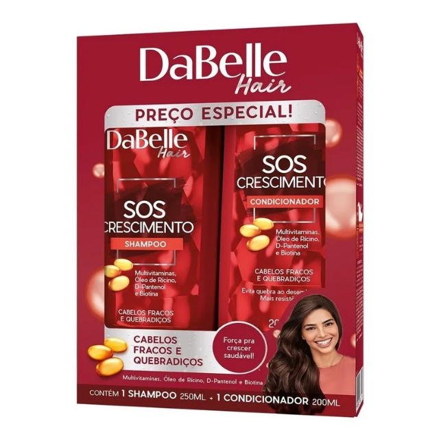 DaBelle SOS Crescimento Shampoo + Conditioner Kit for Anti-Breakage Strength, Hydration & Healthy Growth Support – 14.37 fl oz (425 ml) front view of duo bottles – Buy now at MKPBR.COM – Worldwide Shipping