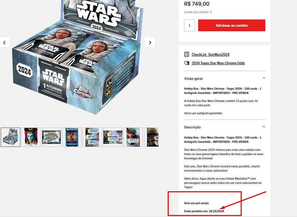 Personal Shopper | Acquista dal Brasile - Hobby Box - Star Wars Chrome - Topps 2024 - 100 carte - 1 Autógrafo Garantido - 2 unità (DDP)