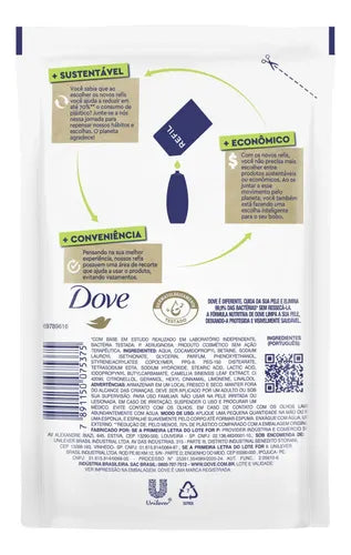 Dove Care & Protect Antibacterial Liquid Body Wash Refill 200 ml back label with usage info – Buy now at MKPBR.COM – Worldwide Shipping