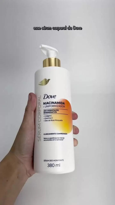 Dove Niacinamide Body Serum 380 ml bottle held in hand showing pump dispenser – Buy now at MKPBR.COM – Worldwide Shipping