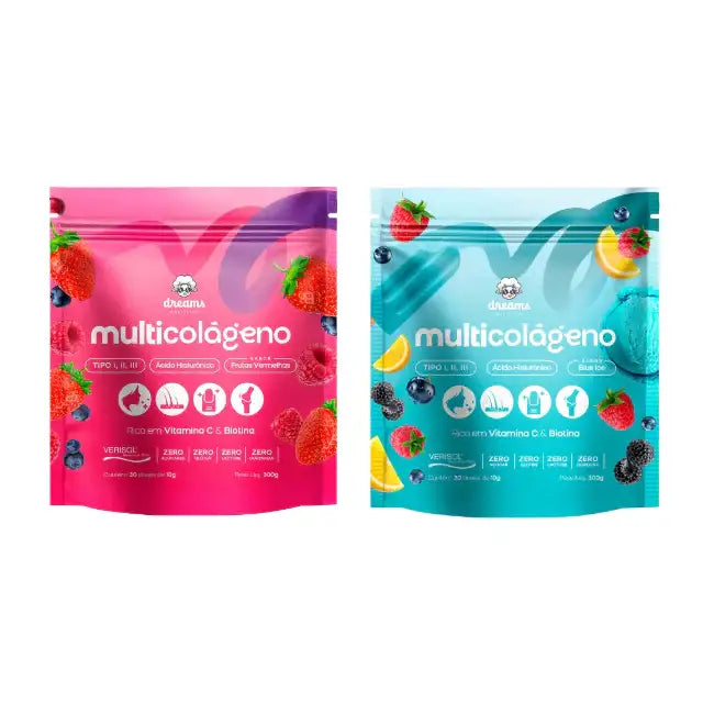 Dreams Nutrition Multicolágeno Duo Pack Red Berries & Blue Ice for extended radiance and beauty – Buy now at MKPBR.COM – Worldwide Shipping