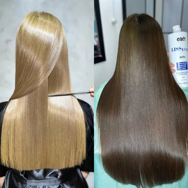 Eaê Cosméticos Ativo LissEver White 500ml before and after results demonstrating volume and frizz reduction – Buy now at MKPBR.COM – Worldwide Shipping