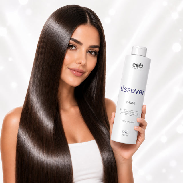 Eaê Cosméticos Ativo LissEver White 500ml professional salon setup with flat iron and application tools – Buy now at MKPBR.COM – Worldwide Shipping