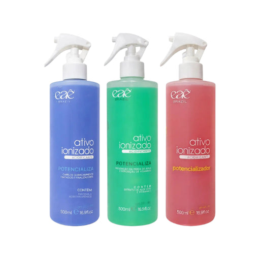 Eaê Cosméticos Kit NanoTecnologia Capilar A Jato 3-Piece Set displaying Blue, Red, and Green 16.90 oz (500ml) bottles – Buy now at MKPBR.COM – Worldwide Shipping