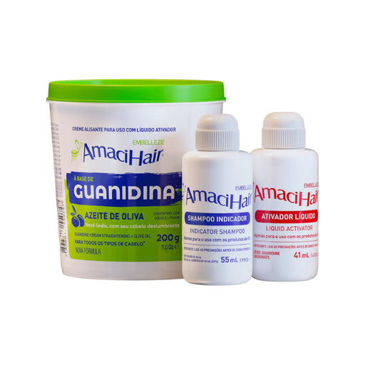 Embelleze AmaciHair Azeite de Oliva Guanidine Relaxer and Protection System 200g packaging front view – Buy now at MKPBR.
COM – Worldwide Shipping
