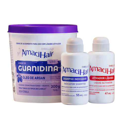 `Embelleze AmaciHair Liso Sleek-Perfection Guanidine Relaxer and Protection System 200g packaging front view – Buy now at MKPBR.
COM – Worldwide Shipping
