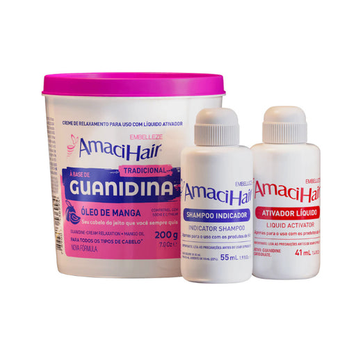 Embelleze AmaciHair Ouse e Brilhe Guanidine Relaxer and Protection System 200g packaging front view – Buy now at MKPBR.COM – Worldwide Shipping