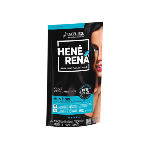 Embelleze Henê Rená Bluish Black Progressive Straightening and Color Treatment 180g packaging front view – Buy now at MKPBR.
COM – Worldwide Shipping
