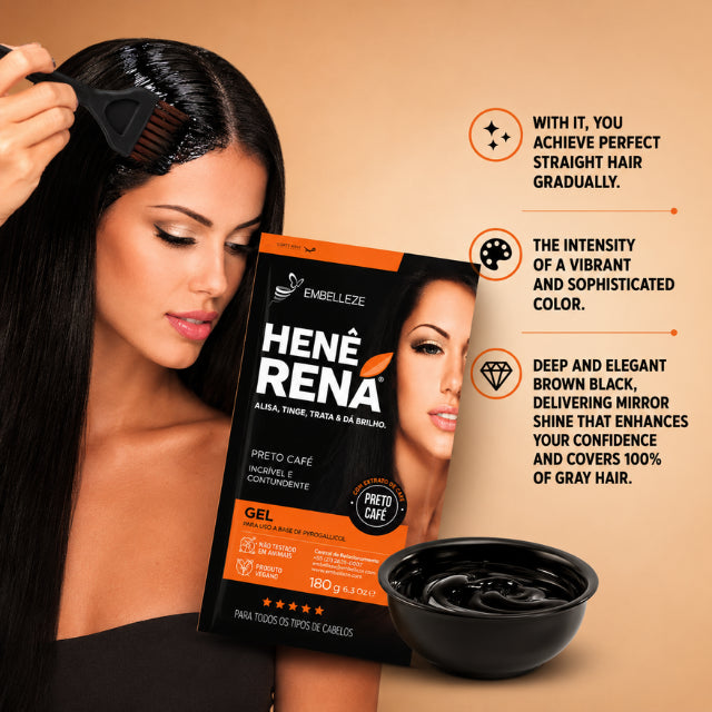 Embelleze Henê Rená Coffee Black hair dye gel 6.35 oz showing texture and application – Buy now at MKPBR.COM – Worldwide Shipping