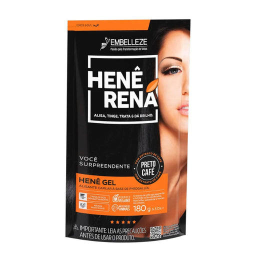 Embelleze Henê Rená Coffee Black Natural Smoothing and Color Treatment 180g packaging front view – Buy now at MKPBR.
COM – Worldwide Shipping