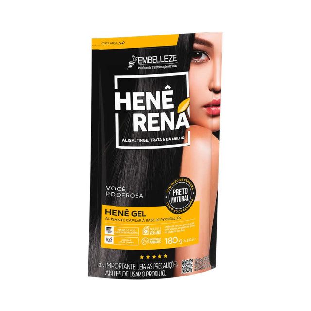 Embelleze Henê Rená Natural Black Organic Smoothing and Nourishing Gel 180g packaging front view – Buy now at MKPBR.
COM – Worldwide Shipping