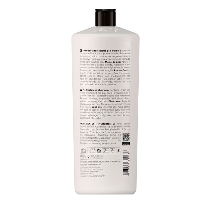 Felps Professional Anti-Residue Deep Cleansing Shampoo 1 L back label showing INCI ingredients and usage instructions – Buy now at MKPBR.COM – Worldwide Shipping