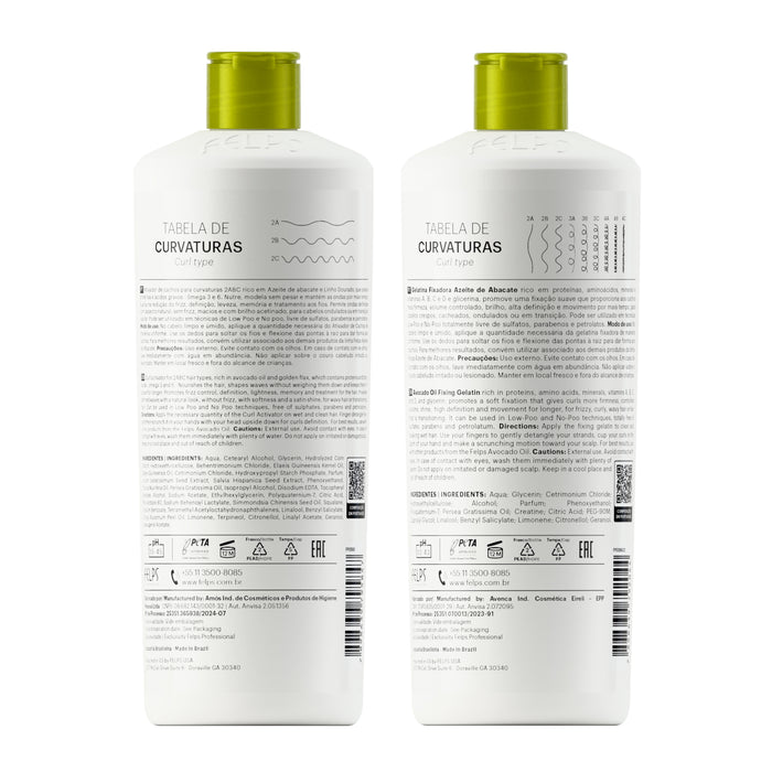 Back labels of the Felps Professional Avocado Oil Curl Activator 2ABC and Setting Gel 500 ml kit showing the curl type chart and ingredient lists – Buy now at MKPBR.COM – Worldwide Shipping