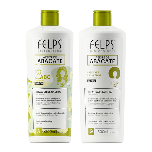Felps Professional Avocado Oil Curl Activator 2ABC and Setting Gel 500 ml kit, front view of both white bottles with green caps – Buy now at MKPBR.COM – Worldwide Shipping