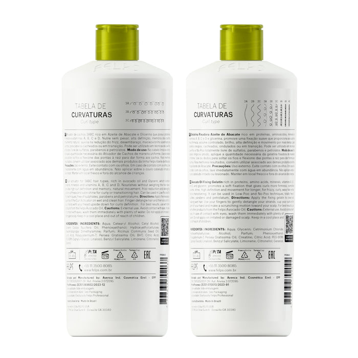 Back labels of the Felps Professional Avocado Oil Curl Activator 3ABC and Setting Gel 500 ml kit showing the curl type chart and ingredient lists – Buy now at MKPBR.COM – Worldwide Shipping