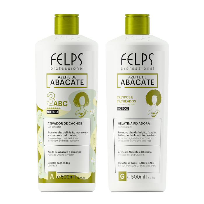 Felps Professional Avocado Oil Curl Activator 3ABC and Setting Gel 500 ml kit, front view of both white bottles with green caps – Buy now at MKPBR.COM – Worldwide Shipping