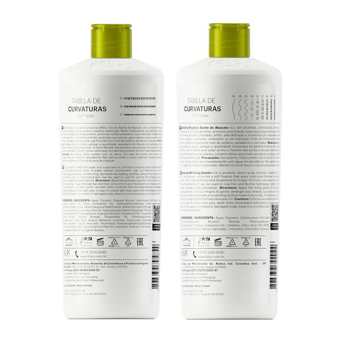 Back labels of the Felps Professional Avocado Oil Curl Activator 4ABC and Setting Gel 500 ml kit showing the curl type chart and ingredient lists – Buy now at MKPBR.COM – Worldwide Shipping