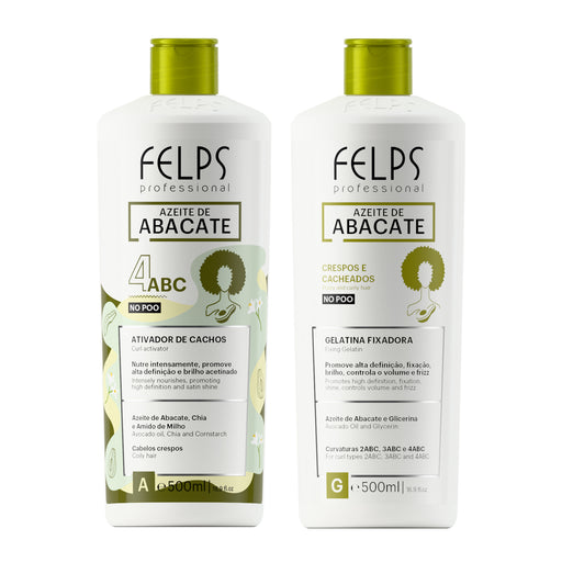 Felps Professional Avocado Oil Curl Activator 4ABC and Setting Gel 500 ml kit, front view of both white bottles with green caps – Buy now at MKPBR.COM – Worldwide Shipping