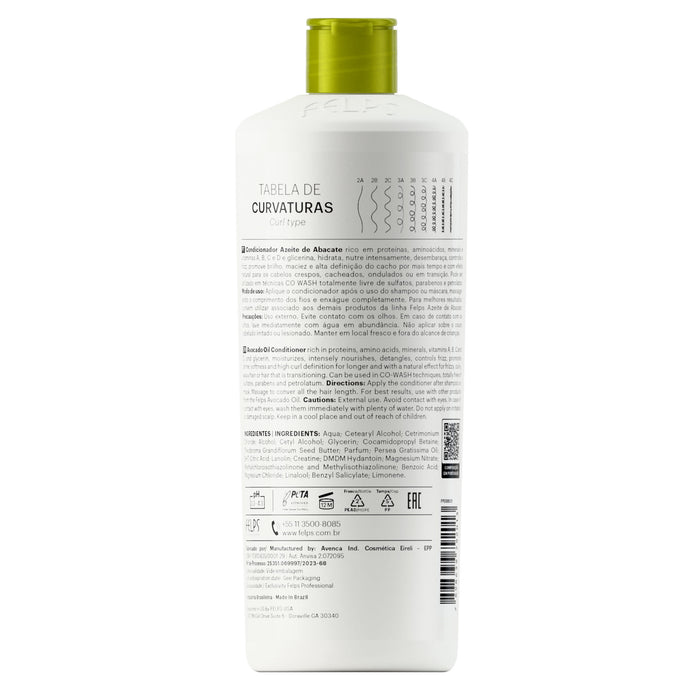 Felps Professional Avocado Oil Conditioner 500 ml back label showing curl type chart, directions and INCI ingredient list – Buy now at MKPBR.COM – Worldwide Shipping