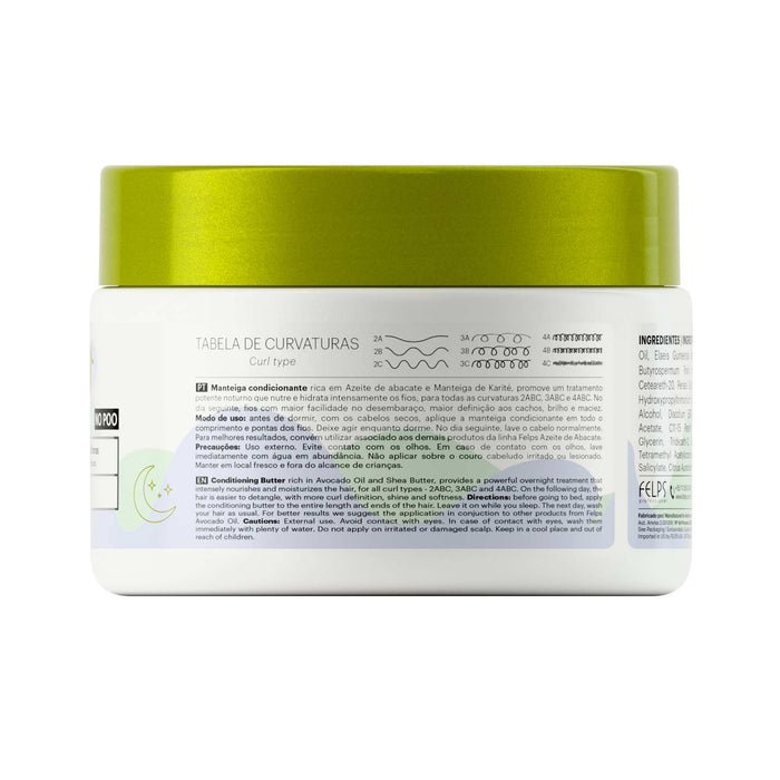 Felps Professional Avocado Oil Conditioning Butter 300 g back label showing curl type chart, directions and INCI ingredient list – Buy now at MKPBR.COM – Worldwide Shipping