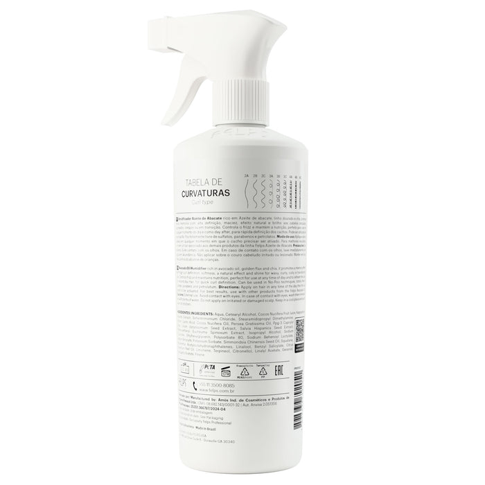 Felps Professional Avocado Oil Curl Refresher Spray 500 ml back label showing curl type chart and INCI ingredient list – Buy now at MKPBR.COM – Worldwide Shipping
