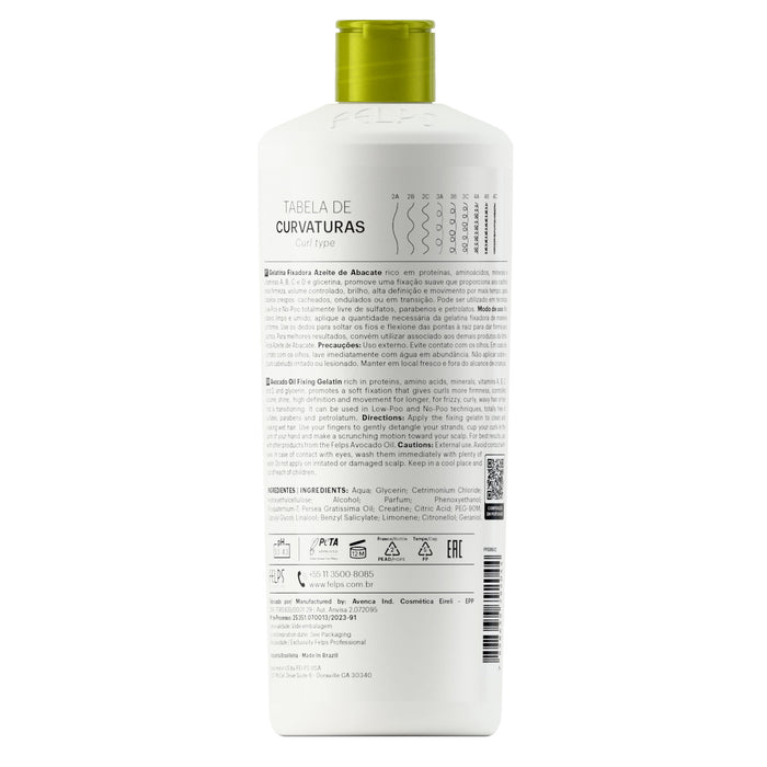 Felps Professional Avocado Oil Setting Gel 500 ml back label showing curl type chart, directions and INCI ingredient list – Buy now at MKPBR.COM – Worldwide Shipping