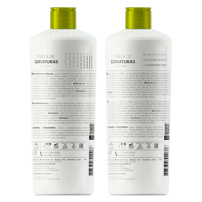 Back labels of the Felps Professional Avocado Oil Shampoo and Curl Activator 3ABC 500 ml kit showing directions and ingredient lists – Buy now at MKPBR.COM – Worldwide Shipping