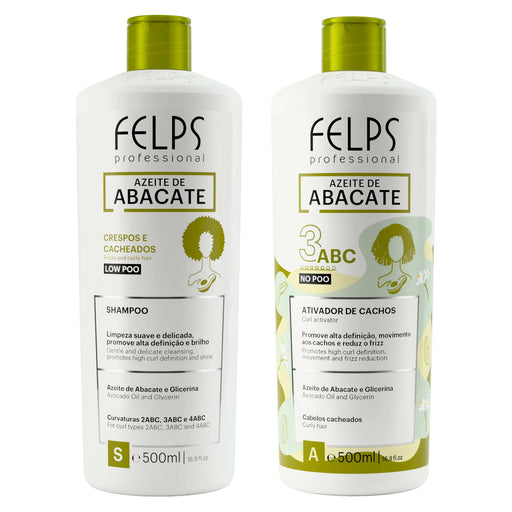 Felps Professional Avocado Oil Shampoo and Curl Activator 3ABC 500 ml kit, front view of both white bottles with green caps – Buy now at MKPBR.COM – Worldwide Shipping