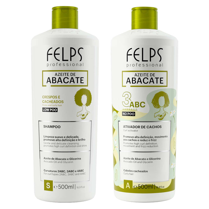 Felps Professional Avocado Oil Shampoo and Curl Activator 3ABC 500 ml kit, front view of both white bottles with green caps – Buy now at MKPBR.COM – Worldwide Shipping