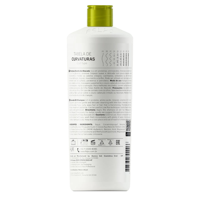 Back label of Felps Professional Avocado Oil Shampoo 500 ml showing curl chart, directions and INCI ingredient list – Buy now at MKPBR.COM – Worldwide Shipping